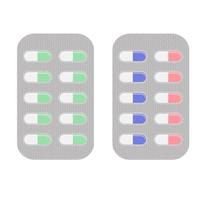 Blister packs of tablet capsules. Aspirin antibiotics or pain medications