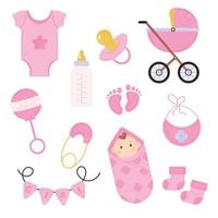 Set of elements for a baby shower in watercolor style for a girl. Vector illustration