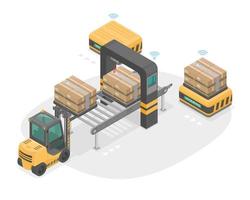 smart warehouse robot forklift scanning data heavy cargo to shelf ai automated isometric isolate vector