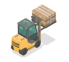 forklift yellow with heavy cargo to shelf isometric isolate vector