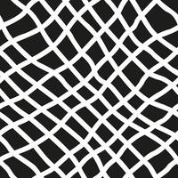 Irregular diagonal lines in grid seamless pattern. Uneven black and white graphic texture. Net vector background