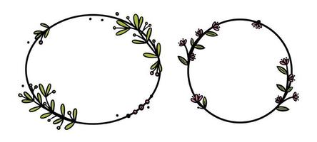 Vintage wreath divider with handdrawn flowers. Circle doodle wreath with colored leaves and flowers. Doodle vector illustration isolated in white background