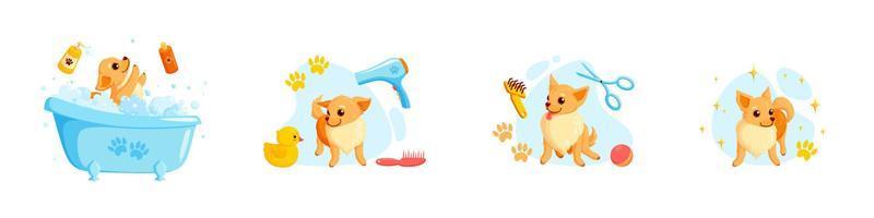 Dog grooming in a bath with pet shampoo, combs and rubber ducks. Playful chihuahua puppy in grooming service. Vector illustration