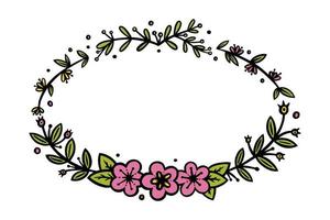 Flower oval wreath for invitations and bullet jourmals decoration. Oval wreath divider or frame. Doodle vector illustration