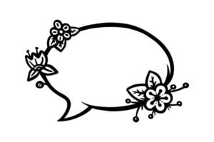 Floral circular speech bubble or label for scrapbooks decoration. Frame with flowers for text or message. Doodle vector illustration