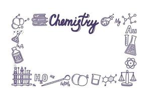 caja rectangular compuesta de iconos de química. tubos de ensayo, reacciones, átomos, moléculas, fórmulas y otros artículos científicos. ilustración vectorial en estilo garabato vector