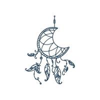 Boho dreamcatchers with feathers and arrow. Dream catcher in shape of crescent moon. Vector illustration