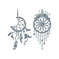 Boho dreamcatchers with feathers and arrow. Doodle set of dreamcatchers in shape of crescent moon, unicorn circle with wreath. Vector illustration