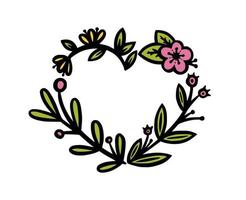 Flower wreath for invitations and bullet jourmals decoration. heart-shaped wreath divider or frame. Doodle vector illustration