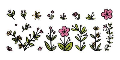 Flowers, leaves and branches elements for ornaments. Decorative floral elements for various designs. Doodle vector illustration