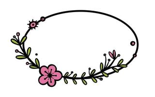 Rustic wreath divider with handdrawn flowers. Oval doodle wreath with colored leaves and flowers. Doodle vector illustration