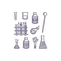 Set of hand drawn objects associated with chemistry and experiments. Test tubes, pipette, chemical agents. Vector illustration in doodle style