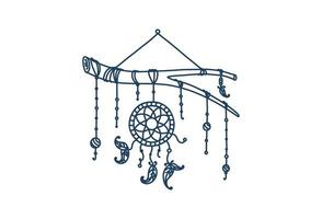 Branch wirh dreamcatcher. Rustic dreamcatcher with feathers. Vector illustration