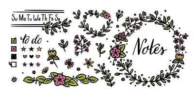 Bullet journal floral and text elements for decoration. Flower dividers and handwritten calligraphy for diary designs. Doodle vector illustration