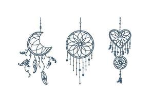 Boho dreamcatchers with feathers and arrow. Doodle set of dreamcatchers in shape of crescent moon, heart and circle. Vector illustration