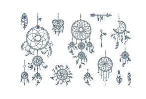 Dreamcatchers with feathers and arrows. Set of mystic dreamcatchers and feathers. Vector illustration