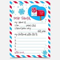 Christmas letter to Santa with blank template, polar mail postbox, snowflakes and air mail envelope with the blue red stripes frame. Vector Christmas postcard to Santa Claus with wish list.