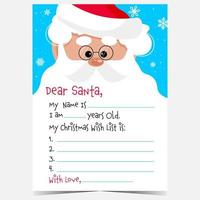 Dear Santa postcard to fill with a message and Christmas wish list. Christmas letter with Santa Claus character and snowflakes on background. Vector decorated paper sheet for Christmas mail.