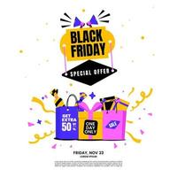 viernes negro con diseño de plantilla de bolsa de compras de etiqueta de concepto de premios con color divertido vector