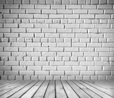 Room interior, white brick wall with wooden floor photo