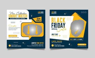 Black friday smart watch sale social media post square web banner template vector