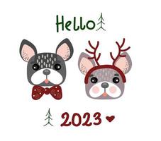 Bulldog dog Christmas postcard, holiday design poster. Funny cartoon doodle illustration. Happy New Year. vector