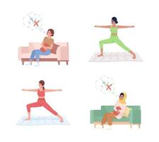 Exercises to relieve menstrual pain flat color vector characters set. Editable figures. Full body people on white. Simple cartoon style illustrations for web graphic design and animation pack