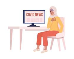 Woman stressed of covid news semi flat color vector character. Editable figure. Full body person on white. Simple cartoon style illustration for web graphic design and animation