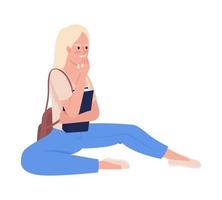 mujer con libro y mochila de carácter vectorial de color semiplano. estudiante descansando. figura editable. persona de cuerpo completo en blanco. ilustración de estilo de dibujos animados simple para diseño gráfico web y animación vector