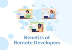 Remote developers benefits flat vector banner template. Hiring freelance workers advantages poster, leaflet printable color designs. Editable flyer page with text space