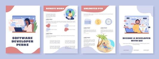 Software developer perks flat vector brochure template. Booklet, leaflet printable flat color designs. Editable magazine page, reports kit with text space