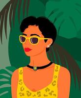 Portrait of beautiful Hispanic woman in half-turn with dark hair and yellow attire on a tropical leaves background. Social media avatar. vector