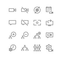 Set of video conference and online meeting icons, share screen, mute button, education and linear variety vectors. vector