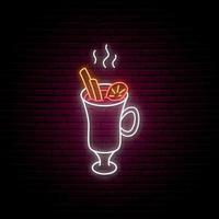 Neon Mulled Wine sign. Glowing Mulled Wine isolated on dark brick wall background. vector