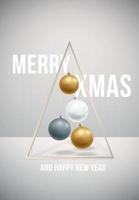 Merry Christmas and Happy New poster with hanging shiny baubles. vector