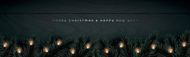 Realistic pine tree branches, pine cone and glowing garlands on black wooden background. vector