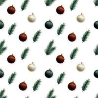 Winter seamless pattern with tree branches and Christmas baubles on white background. vector