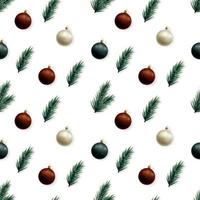 Winter seamless pattern with tree branches and Christmas baubles on white background. vector