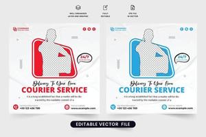 Creative courier service social media post design for marketing. Online shopping delivery service poster design with red and blue colors. Digital home delivery service promotional web banner template. vector