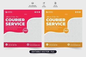 diseño moderno de afiches publicitarios de empresas de mensajería con formas abstractas. vector de publicación de redes sociales de mensajería y entrega a domicilio con colores rojo y naranja. plantilla de banner web de servicio de entrega de pedidos.