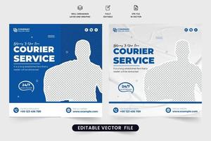 diseño de plantilla promocional de servicio de mensajería moderno con colores azul y blanco. vector de cartel de entrega a domicilio de supermercado. diseño de publicaciones en redes sociales de negocios de entrega a domicilio para marketing digital.