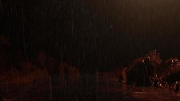 tempo chuvoso de montanha, a chuva cai no pequeno riacho que flui no canyon à noite video