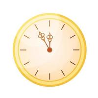 New Year clock isolated. Flat vector illustration. New year countdown symbol. Shiny golden clock showing midnight on dial