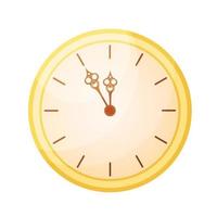 New Year clock isolated. Flat vector illustration. New year countdown symbol. Shiny golden clock showing midnight on dial