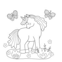 Libro de colorear para niños simples con lindo unicornio y mariposa. ilustración vectorial con contorno elemental, silueta de plantas y flores, trazo editable vector