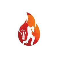 diseño del logotipo vectorial del jugador de cricket de fuego. icono del logotipo de fuego de grillo. logotipo de combinación de bateador jugando cricket y fuego vector