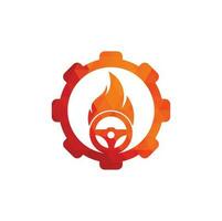plantilla de diseño de vector de logotipo de concepto de forma de engranaje de conductor de fuego. vector del icono del logotipo del fuego ardiente del volante del coche.