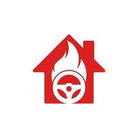 Fire driver home shape concept logo vector design template. Car steering wheel burning fire logo icon vector.