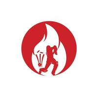 diseño del logotipo vectorial del jugador de cricket de fuego. icono del logotipo de fuego de grillo. logotipo de combinación de bateador jugando cricket y fuego vector