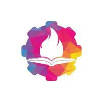 diseño de logotipo vectorial de forma de engranaje de fuego de libro. plantilla de diseño de logotipo de vector de libro de motivación.